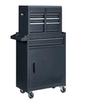 Heavy Duty Metal Rolling Tool Cart With Drawers For Power Tools And Workshop Organization Black On Wheels Large Garage Storage Cabinet With Four Rugged Wheels, front view.