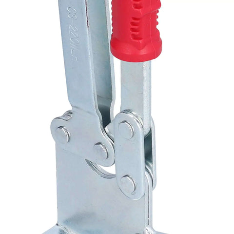Close-up of ergonomic horizontal toggle clamp hold down fixture for cabinets and woodworking, non slip handle, easy install with screws.