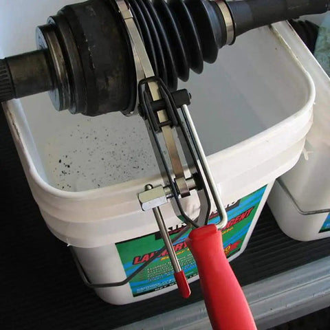 CV Joint Ear Clamp Banding Tool With Cutter for Car Repair Pro Grade Heavy Duty Pliers in use with fuel hose system.
