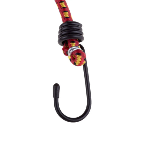 Close-up of hook on 10 Pack 24-Inch Bungee Cords With Heavy-Duty Vinyl Coated Hooks And Fabric Wrapping Red Elastic Straps For Tarps Bikes Gear