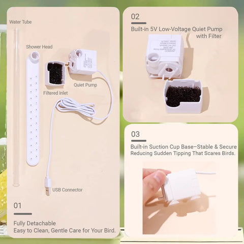 Automatic Bird Bath Shower with Pump for Parrots and Small Birds components including shower head, quiet pump, and filter