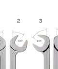 Quarter Inch Angle Head Open End Wrench With 30 60 Degree Angled Head Built For Unmatched Access In Confined Or Tight Spots Slim Beam For Clear Line Of Sight Made In USA Model WAE83006 showing angle variations