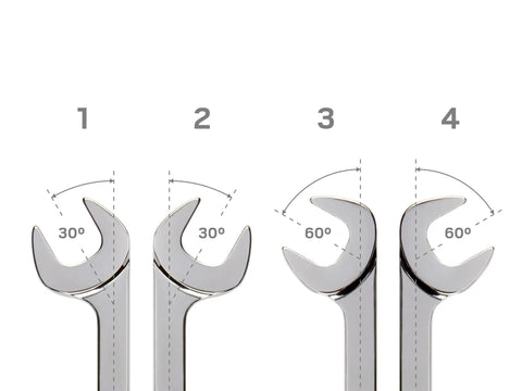 Quarter Inch Angle Head Open End Wrench With 30 60 Degree Angled Head Built For Unmatched Access In Confined Or Tight Spots Slim Beam For Clear Line Of Sight Made In USA Model WAE83006 showing angle variations