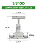 Front view of 304 stainless steel high-pressure straight needle valve with T-handle; 3/8 in tube OD in/out for flow control.