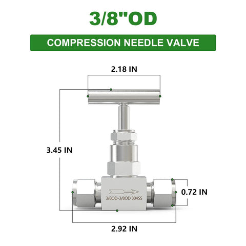 Front view of 304 stainless steel high-pressure straight needle valve with T-handle; 3/8 in tube OD in/out for flow control.