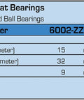 Diagram of 6002 Ball Bearing with specifications: 15x32x9 mm, shielded metal 2Z ZZ, ideal for machinery, motors, gearboxes, RC cars.
