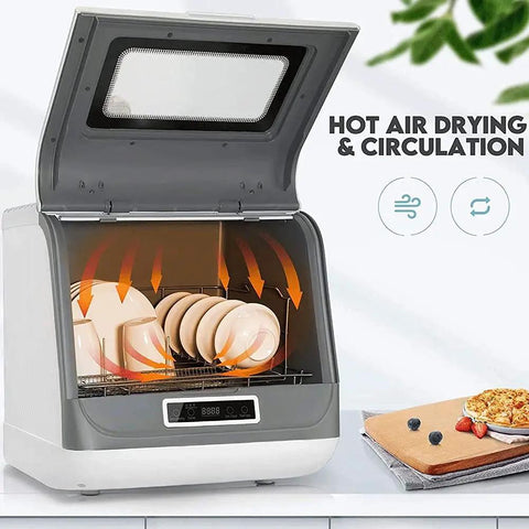 No Sweat Compact Countertop Dishwasher With Automatic Air Dry And 360 Rotating Dual Spray Heads Superfast Cycle showing hot air drying plates inside.