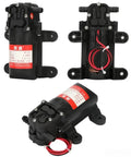 DP 521 Electric Diaphragm Water Pump 12 Volt 70 Psi High Pressure showing three angles, black compact design for agricultural use.