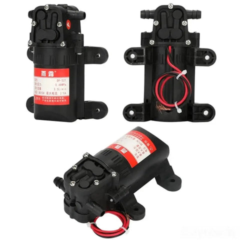 DP 521 Electric Diaphragm Water Pump 12 Volt 70 Psi High Pressure showing three angles, black compact design for agricultural use.