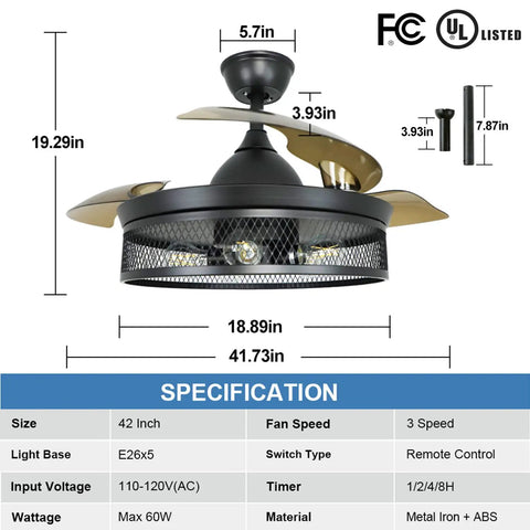 Black 42 Inch Ceiling Fan With Lights Remote Control Vintage Cage Dope Yet Silent Retractable Blades For Kitchen Dining Living Room Five E26 Base No Bulbs Farmhouse Style, dimensions and specifications shown with metal cage and silent blades.