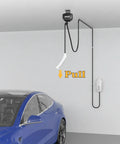 Drop Dead Easy Ceiling Mount EV Charger Cable Retractor With Smooth Auto Glide 11.5 Ft Spool installed above a blue electric vehicle.