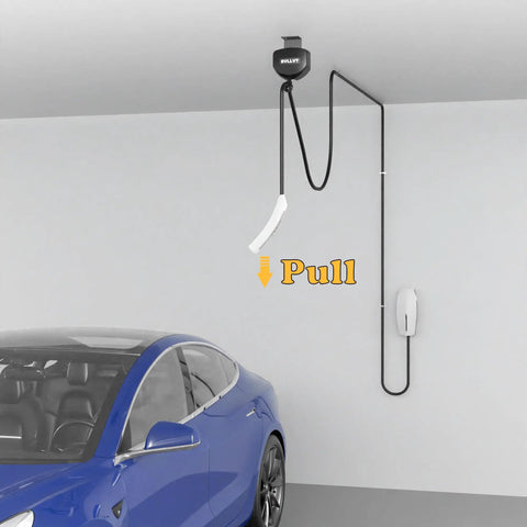 Drop Dead Easy Ceiling Mount EV Charger Cable Retractor With Smooth Auto Glide 11.5 Ft Spool installed above a blue electric vehicle.
