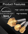 Front view of KATUR 3pc titanium-coated HSS chamfering end mills with 1/4-inch shanks for woodworking (2–5, 5–9, 8–13 mm).