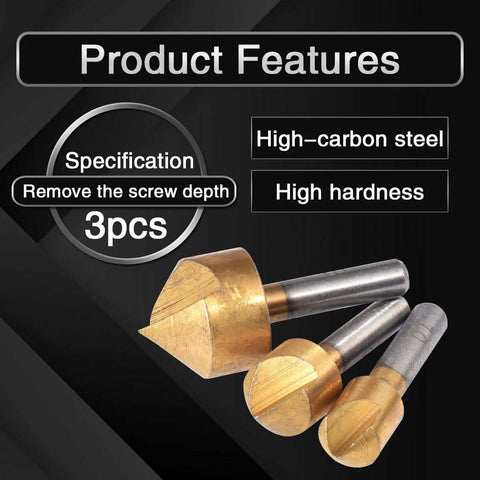 Front view of KATUR 3pc titanium-coated HSS chamfering end mills with 1/4-inch shanks for woodworking (2–5, 5–9, 8–13 mm).