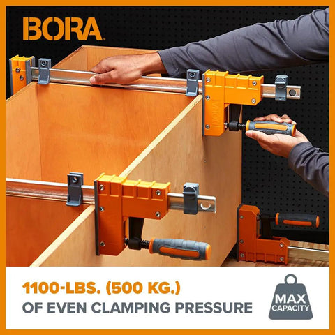 Top Shelf 18 Inch Parallel Clamps 2 Pack Woodworking Tools Built With Wide Padded Jaws And An Easy Passive Lock To Deliver A Rock Solid 1100 Lbs Of Even Pressure For Pro Shop Projects And Weekend Builds In Rustic Brown, demonstrating clamping on wooden cabinets.
