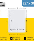 Tough As Nails 22X30 Drywall Access Panel For Walls And Ceilings 16 Gauge Steel Flush Mount dimensions diagram on yellow background.