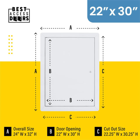 Tough As Nails 22X30 Drywall Access Panel For Walls And Ceilings 16 Gauge Steel Flush Mount dimensions diagram on yellow background.