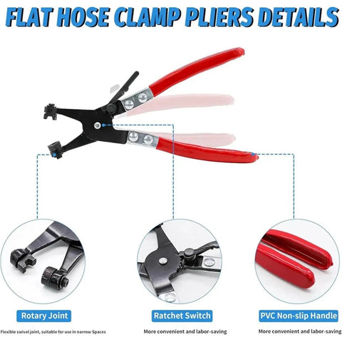 Premium Spring Band Hose Clamp Assortment Kit For Fuel Line And Swivel Plumbing Projects With Stepless Clamps To Seal Tight And Hold Strong In Any Garage Or Shop Job. Flat hose clamp pliers with red PVC handles and rotary joint.