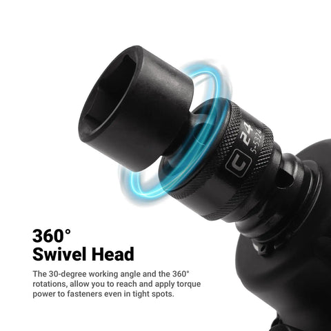 Universal 15mm Impact Socket For Three Eighths Inch Drive, 6 Point Metric, Swivel 360 Degree Reach, 30 Degree Working Angle