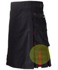 Men's Black MacLachlan Hybrid Kilt With Leather Straps And Detachable Cargo Pockets Hella Comfy 100 Cotton Build Featuring Fast Snaps And Heavy Chain Details For A Top Shelf Streetready Fit 42 Inch, side view showing leather straps and cargo pocket.
