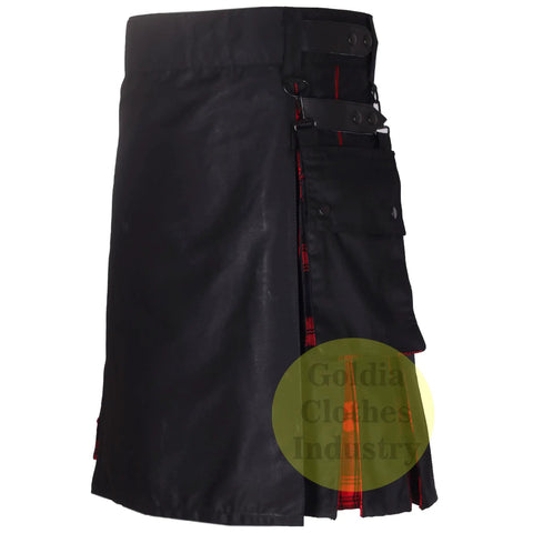 Men's Black MacLachlan Hybrid Kilt With Leather Straps And Detachable Cargo Pockets Hella Comfy 100 Cotton Build Featuring Fast Snaps And Heavy Chain Details For A Top Shelf Streetready Fit 42 Inch, side view showing leather straps and cargo pocket.
