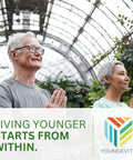 Two people practicing yoga in a greenhouse with a "Living Younger Starts From Within" banner and Youngevity logo.
