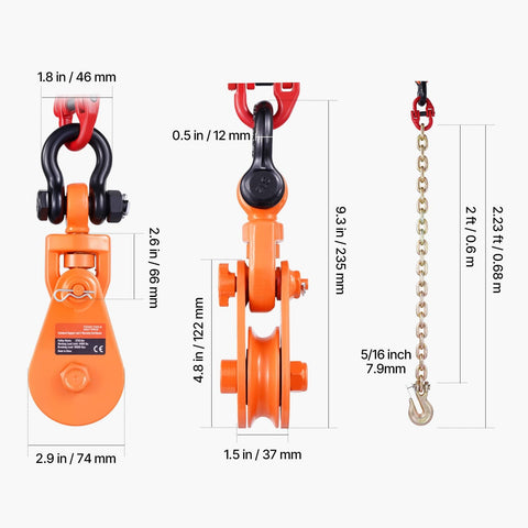 2-Ton Snatch Block With G80 Chain And Swivel Shackle 3 Inch Sheave For 3/8 Inch Wire Rope dimensions and detail view