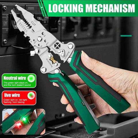 Person using foldable wire stripper with voltage tester 6 in 1 multitool for stripping crimping cutting and winding screws