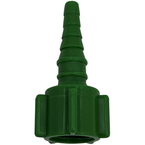 Green plastic oxygen tubing swivel nipple connector with Christmas-tree barb, front view