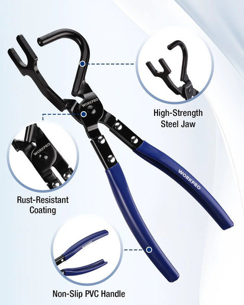 Front view of WORKPRO exhaust hanger removal tool, blue PVC-handled pliers with rust-resistant steel jaw.