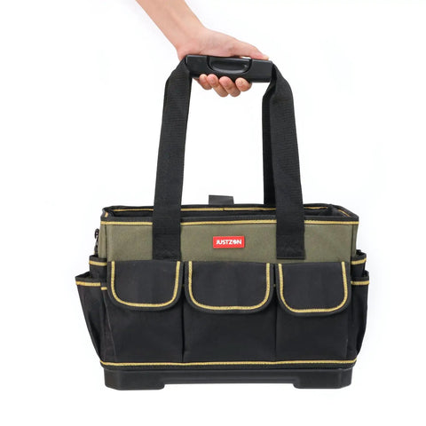 15 Inch Tote Tool Bag Organizer For Electricians And HVAC Pros With 33 Pockets Waterproof Molded Base Pro Grade Electrician Tool Tote Perfect For Field Technicians And Maintenance Pros in hand