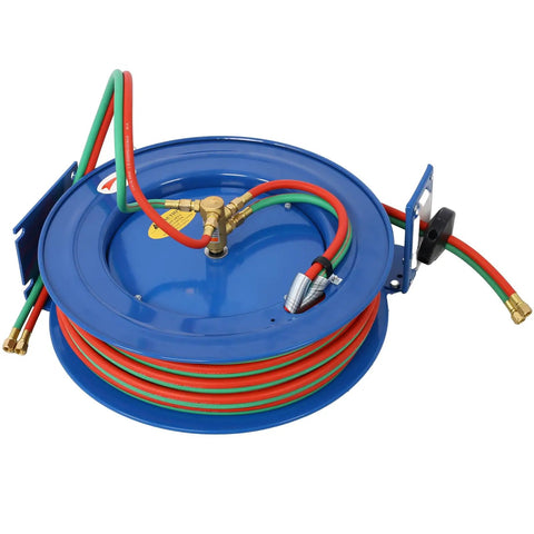 Retractable Welding Hose Reel With 1 Quarter Inch By 100 Foot Twin Oxygen And Acetylene Rubber Hoses 200 PSI Max Heavy Duty Industrial Single Arm
