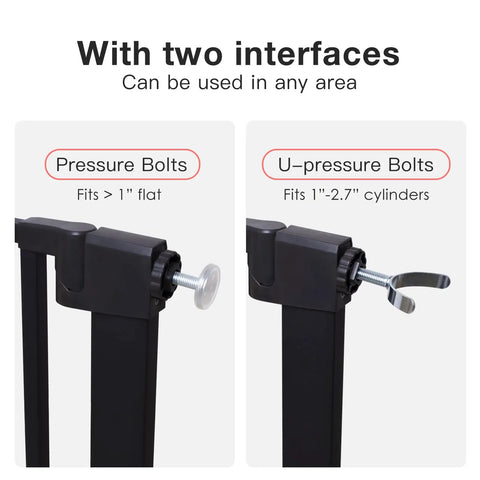Wide Range Baby And Pet Safety Gate For Doorways And Stairs With 29.5 To 51.5 Inch Width, showing pressure and U-pressure bolts.