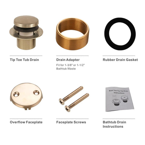 Gold Brushed Brass Tub Drain Conversion Kit with faceplate, adapter, gasket, screws, and instructions for universal fit