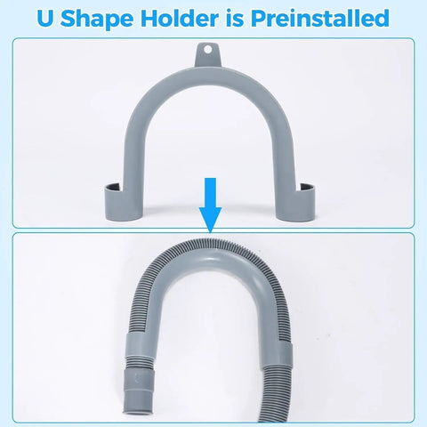 Universal Washing Machine Drain Hose Extension Kit with U-shaped holder in gray, showing preinstalled flexible corrugated hose.