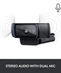 Pro Grade Full HD 1080P Webcam With Crisp Dual Mics And Snappy Auto Focus shown with stereo audio symbols.