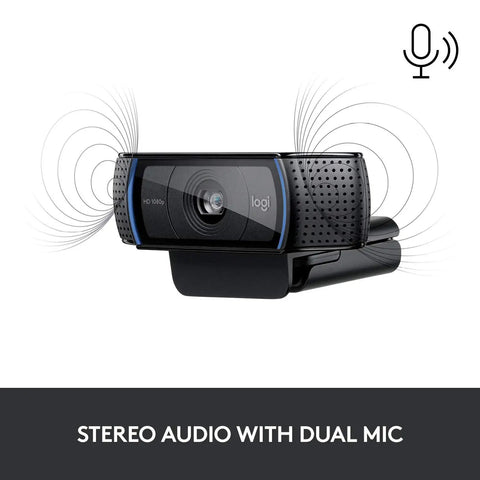 Pro Grade Full HD 1080P Webcam With Crisp Dual Mics And Snappy Auto Focus shown with stereo audio symbols.