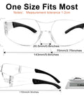 120 Pack Clear Safety Glasses With ANSI Z87.1 Rating For Men And Women, showcasing dimensions and weight on scale