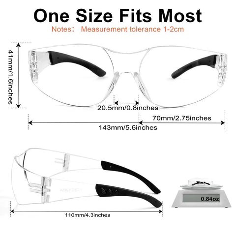 Individually Wrapped ANSI Z87.1 Clear Safety Glasses Bulk 120 Pack For Men And Women; front and side view with measurements.