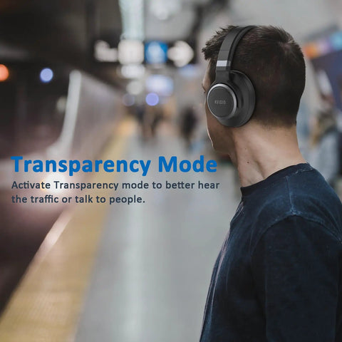 Person using Over Ear Wireless Headphones With Active Noise Cancelling And 70 Hours Playtime Bluetooth With Microphone Transparency Mode.