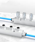 Six Way Eight Port Air Compressor Manifold Block With 1/4 Inch NPT Output And 1/2 Inch NPT Supply Port for Pneumatic Systems Built Tough Aluminum Alloy