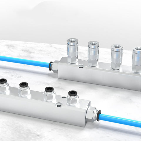 Six Way Air Compressor Manifold With Eight Ports And One Half Inch NPT Supply Port And One Quarter Inch NPT Outputs Aluminum Alloy Air Distribution Block