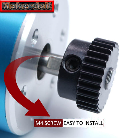 Close-up of RC pinion gear with 5mm shaft bore 48P pitch for electric RC cars and trucks, showing installation with M4 screw.