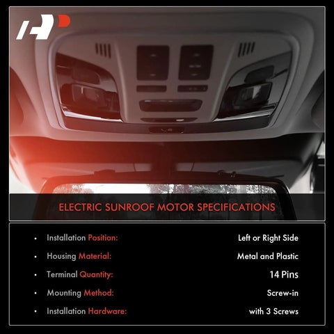 Sunroof Motor For Ford Explorer 2011-2017 With 14 Pin Connector specifications showing left or right side installation.