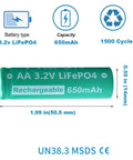 AA 3.2V LiFePO4 650mAh Solar Battery Pack For Backyard Solar Lights 6 Pack Rechargeable LiFePO4 Cells, shown with dimensions