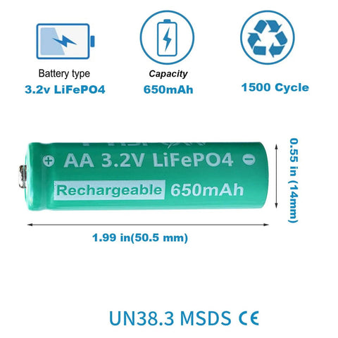 AA 3.2V LiFePO4 650mAh Solar Battery Pack For Backyard Solar Lights 6 Pack Rechargeable LiFePO4 Cells, shown with dimensions