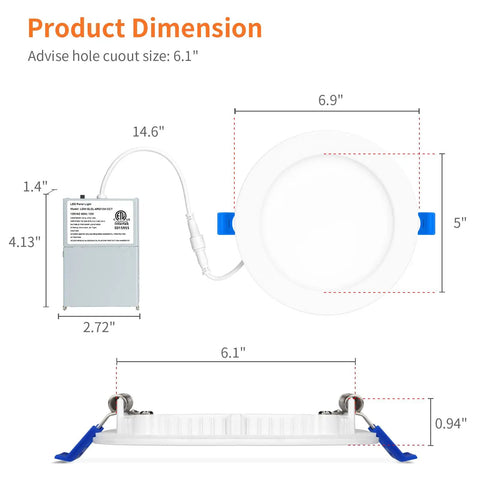 No Sweat 4 Pack Of 6 Inch Ic Rated Led Recessed Can Lights With A Chill Amber Night Light And Quick Swap 5CCT Color Trim For Slick White Ceiling Installations product dimensions showing size and features.