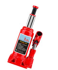 Heavy Duty 5 Ton Hydraulic Bottle Jack For Cars And Trucks Red steel hydraulic jack with vertical design for car repairs.