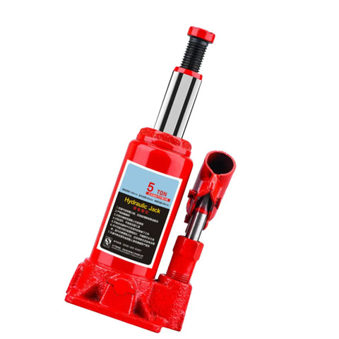 Heavy Duty 5 Ton Hydraulic Bottle Jack For Cars And Trucks Red steel hydraulic jack with vertical design for car repairs.