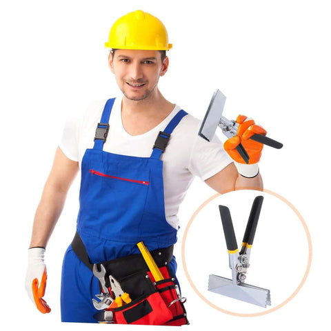 Worker holding Heavy Duty Hand Seamer Tool For Ductwork Bending And Steel Plate Folding Ideal For Electricians And HVAC Pros Grippy Ergonomic Handle